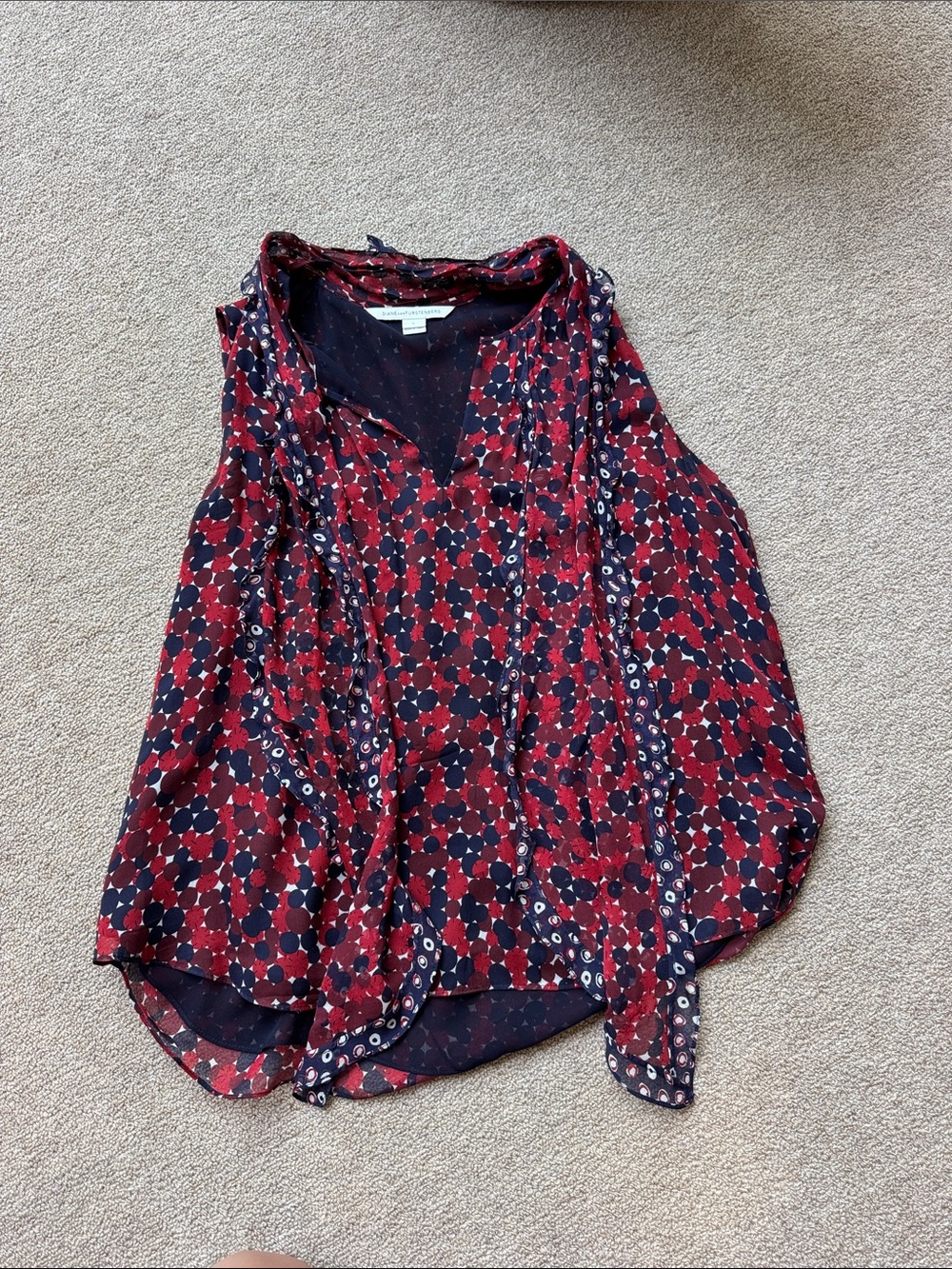 Diane Von Furstenberg Red and Navy Geometric Tie-Neck Camisole